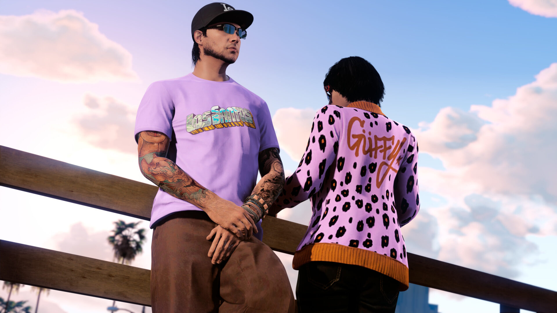 Fioletowy cardigan Guffy i koszulka z mapa Los Santos